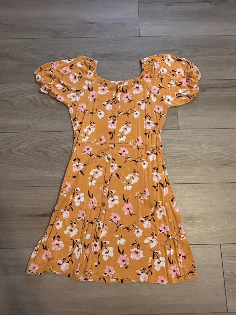 Nomad Mustard Floral Puff Sleeve Dress with Pink & White Blossoms
